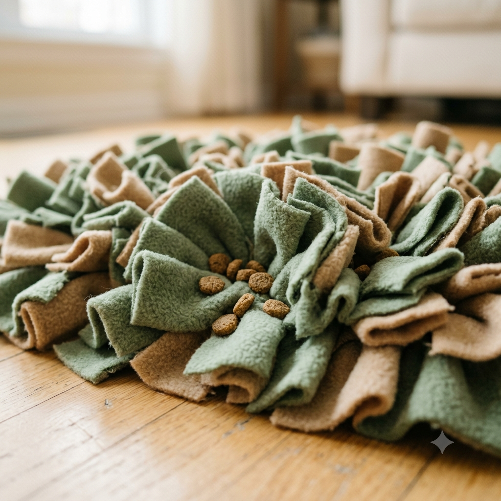Close-up of the SniffRitual sage-green snuffle mat soft fleece strips with hidden kibble for calm dog foraging