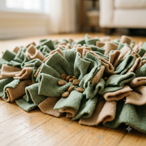 Close-up of the SniffRitual sage-green snuffle mat soft fleece strips with hidden kibble for calm dog foraging