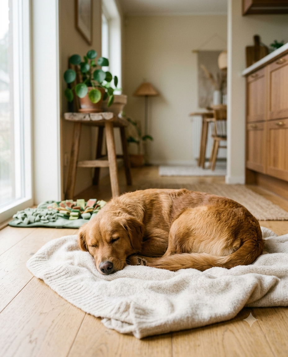 Golden dog dozing peacefully on a cream blanket beside the SniffRitual snuffle mat, calm and relaxed after enrichment