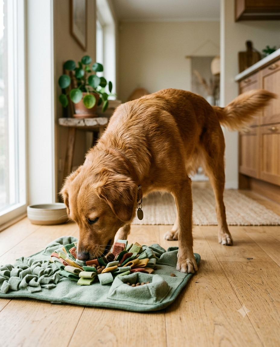 Dog nose-down foraging in the SniffRitual sage-green snuffle mat in a sunlit kitchen during a 15-minute calm ritual